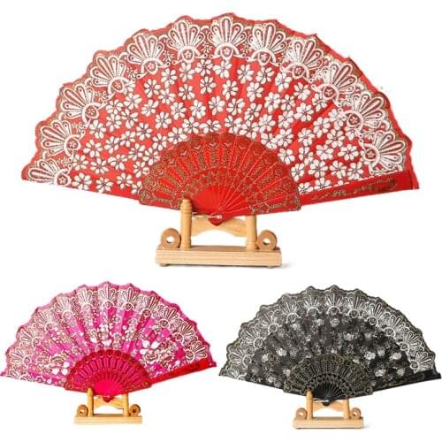 Chinese Style Folding Dance Fans Party Wedding Prom Silk Fans Fabric Silk Embroidery Hand Held Fans Women Girls Photo Prop