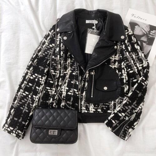 2021 Spring Autumn Plus Size Turndown Collar Patchwork Weave Leather Jacket Women Fashion Slim Oblique Zipper Faux Leather Coat