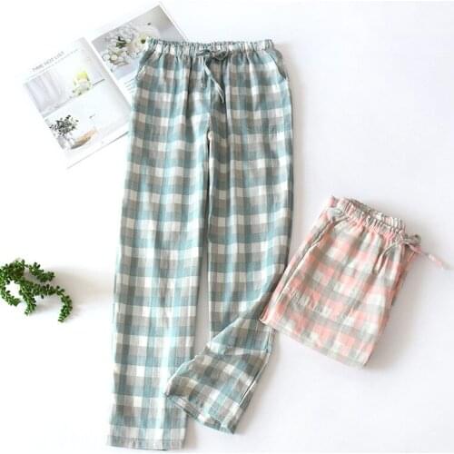 Summer Sleep Pants Women 100% Cotton Plaid Long Pants Couple Lovers Pajamas Pants Trousers Loose Casual Sleep Bottoms Homewear