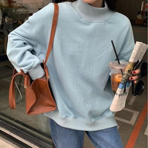 Turtleneck Solid Color Thin Velvet Pullover Streetwear Women Simple Design New 2020Autumn Winter Korean Sweatshirt Girls Clothes