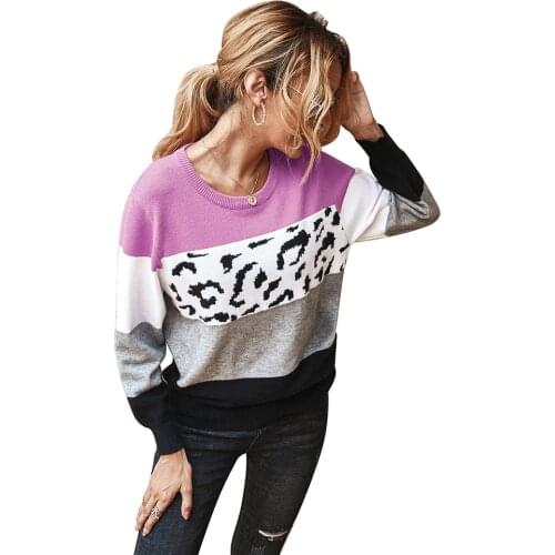 Autumn Winter O-Neck Leopard Patchwork Sweater Women Pullover Plus Size Womens Sweaters Knitted Tunic Sweater Jumper Streetwear