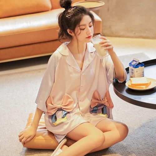 Pajamas for Women Summer Suit Ice Silk Short-sleeved Two-piece Suit Cute Cartoon Sweet Loose Home Clothes Outside Sleepwear