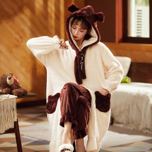 Pajama Set Winter Women Long Sleeve Hooded Flannel Nightgowns Girls Night Dress Sleepwear Cute Princess Coral Fleece Pyjamas Pjs