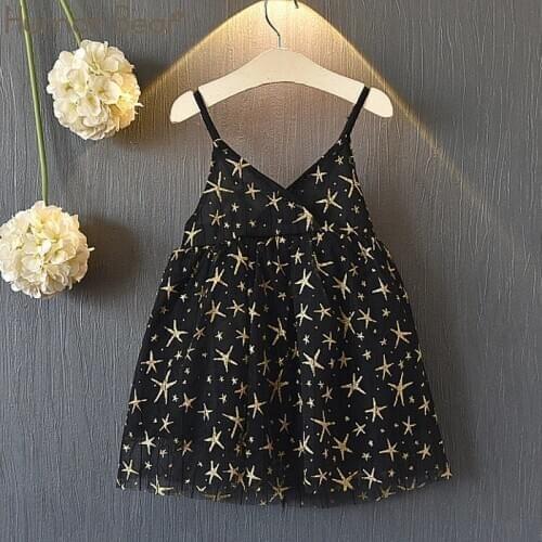Humor Bear Girls Dress Sling Party Dress Summer Stars Printed Children Dress Sleeveless Birthday Toddler Dress Girl Clothing