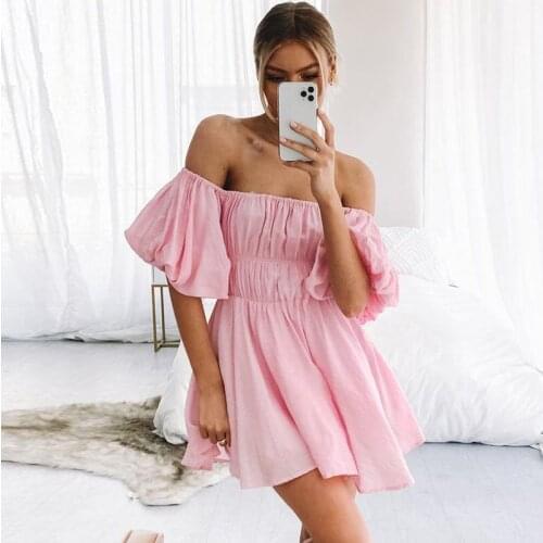 Off Shoulder Pink Sundresss Women Short Sleeve Mini Beach Boho Dress Solid White Dresses Red Harajuku Dress Vestido De Mujer