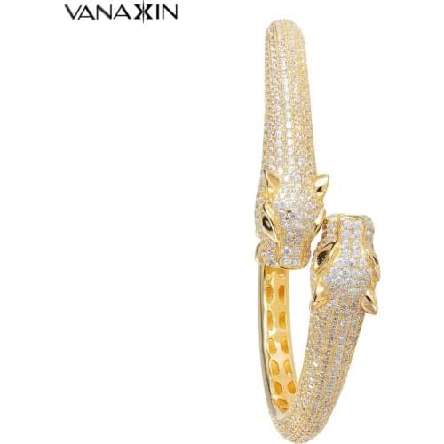 VANAXIN 925 Sterling Silver Bracelets Charms Luxury Leopard Women Open Bangles Gold Color Bling Bling Clear Zircons Gift Box
