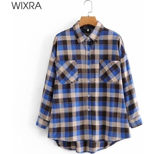 Wixra Femme Blouses Pockets Single Breasted Plaid Cotton Shirt Wild Casual Streetwear Shirt Womens Clothing