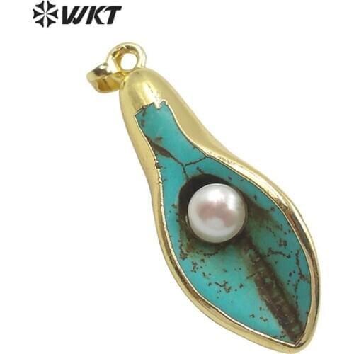 WT-P1519 Wholesale new tur quoise made horn pendant gold trim horn shape with pearl charm tur quoise pendant as gift