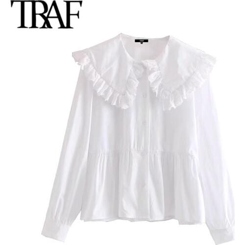 TRAF Women Sweet Fashion With Peter pan Collar Ruffled Blouses Vintage Long Sleeve Button-up Female Shirts Chic Tops
