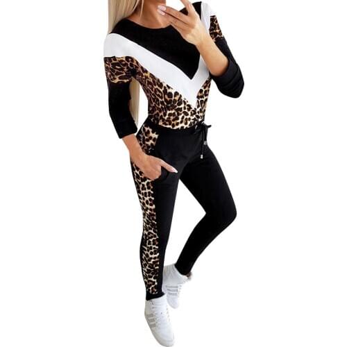 2Pcs Women Tracksuits Sportswear 2020 Fashion Leopard Splice Sweatshirt Pullovers Drawstring Long Pants Sets Ladies Running Sets