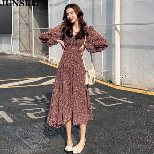 Spring 2020 New Retro V-Neck Green Women Dress Long Sleeve Floral Print Elastic Waist Mid-Length Dresses Summer A-Line Vestidos