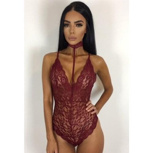 Women Sexy Lingerie Lace Teddies Deep V Neck Halter Women Bodysuits Sexy Teddy Sleepwear Erotic Lingerie Lace Romper Jumpsuit