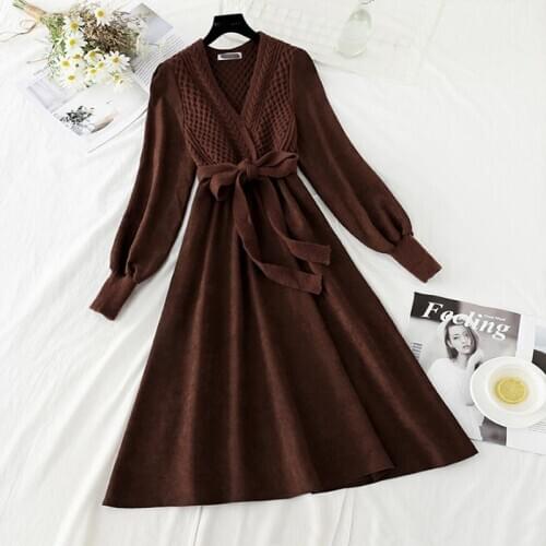 2020 Autumn Winter Women Corduroy Dress Long sleeve V-neck Twist Knitted Patchwork Dresses Elegant A-line Knee-length Dress