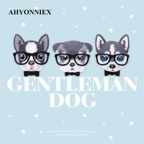 AHYONNIEX 1PC Gentleman Dog Embroidery Patches for Bag Jeans Schnauzer Husky Iron On Patches for Clothes Small DIY Patch Cute