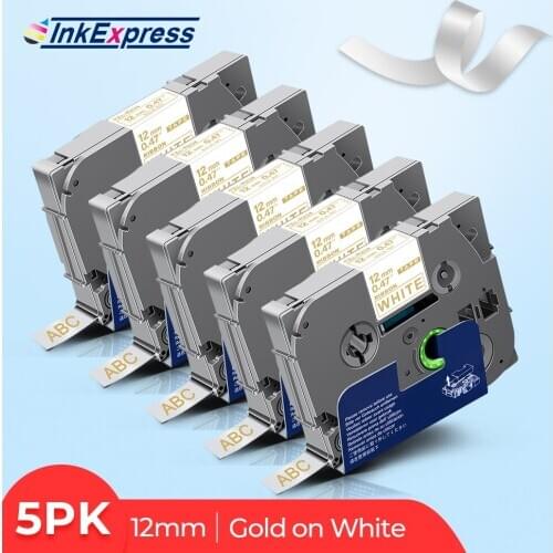 5Pcs R234 Tape Gold on White Satin Ribbon Tape 12mm Gift Labeling Tape for Brother PT Label Maker Birthday Cake Packing Ribbon