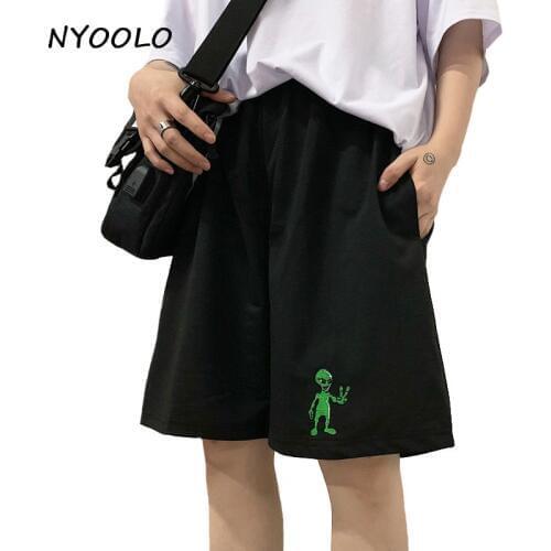 NYOOLO Harajuku style vintage alien embroidery Straight pants Summer streetwear loose elastic waist knee length pants women men