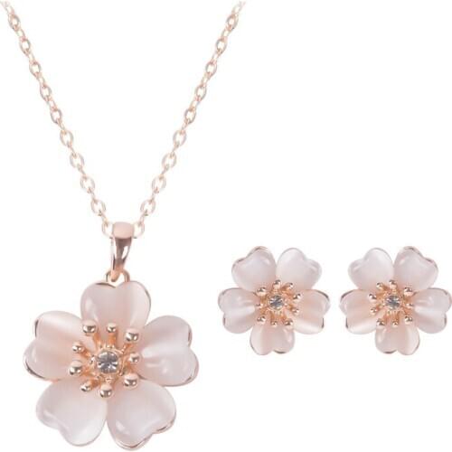 HC Elegant Design Opal Flower Pendant Jewelry Sets Girl Women Party Gift Cute Crystal Floral Earrings Necklace Set Kid Jewelry T