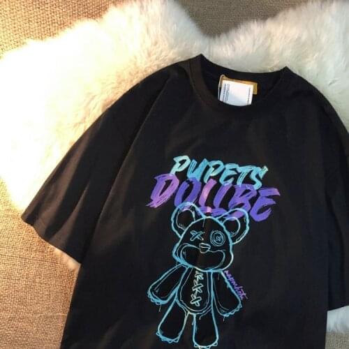 Kawaii Cartoon Pink Top Short Sleeve Punk Crop Bear Print Summer Casual Cute Women T Shirt Tee Fashion Black Clothing Egirl