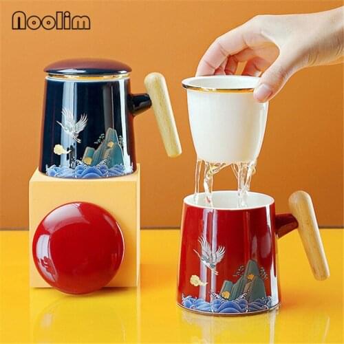 Ceramic Tea Water Separation Cup Office Filter Teacups Large Capacity Coffee Mug with Lid and Wooden Handle Drinkware 350ML