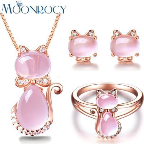 MOONROCY Rose Gold Color CZ Crystal Ross Quartz Pink Opal Necklace Earrings and Ring Jewelry Set for Cute Cat Jewelry Women