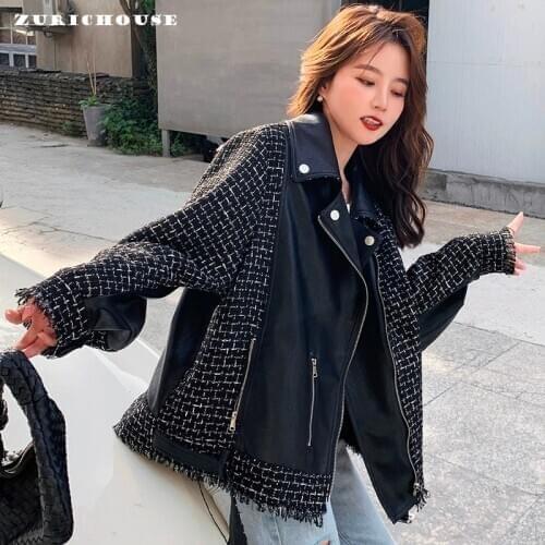 ZURICHOUSE Patchwork Leather Jacket Women Street Stylish Small Fragrant Wind PU Leather Spliced Plaid Tweed Jacket Female P3548