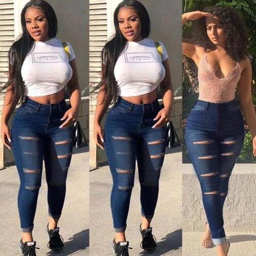 Summer Women Ripped Denim Jeans High Waist Jeans ladies Push Up Stretch Jeans Plus Size Washed Denim Skinny Pencil Pants