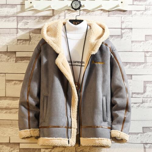 Men Clothing Winter New Faux Fur One Trend Fashion Faux Lamb Fur Hooded Casual Mens Cotton Jacket Men Bomber Jacket Clothes