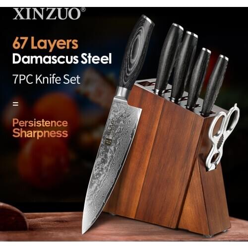 XINZUO 7 PCS Kitchen Knife Sets with Acacia Wood Kitchen Knife Holder Damascus Steel Knives Pakkawood Handle Pro Chefs Gift