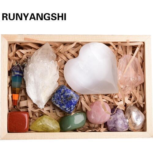 Runyangshi Natural Healing Crystals 11 pcs Seven chakra Therapy Stone clear quartz cluster and rose quartz for Holiday gift