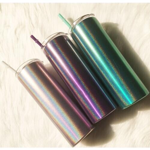 New style stainless steel flashing ultra-thin wine glass, rainbow straw drinking glass with lid, double vacuum hollow glass gift