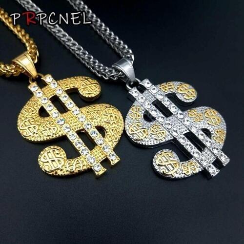 New dollar sign Gold color Stainless steel Chain Rhinestoned Big Dollar Sign Pendant Chain Necklace For Women Hiphop Jewelry