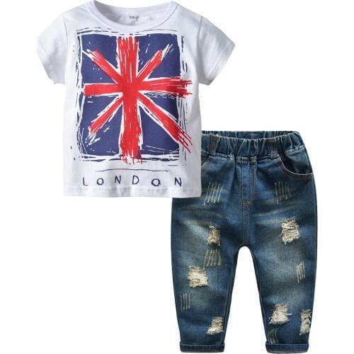 Oklady 2019 New Infant Boys Girls Summer Cartoon flag T Shirt + Denim Shorts Clothes 2pcs Sets Children Kids Hole Jeans Clothing