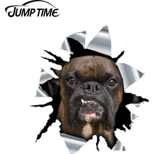 Jump Time 13cm x 12.2cm Brindle boxer Sticker Torn Metal Bumper Decal Funny Car Stickers Window Trunk Animal 3D Car Styling