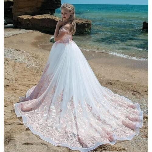 Pink Lace Flower Girl Dress For Wedding Birthday Pageant Girls Sheer Neck Sweep Train Teens Party First Communion Princess Gowns