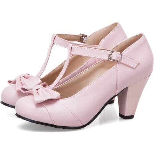 Pink Sweet Lolita Shoes T Strap High Heels Women Pumps Mary Jane Shoes for Women Buckle Strap Block Heel Bow Shoes Black White