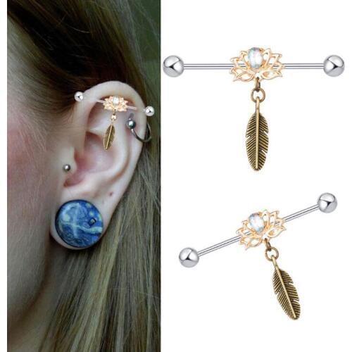 1 piece Love lotus Flower Leaf Feather Key Stainless Steel Industrial Barbell Piercing Long Earring Helix Ear Piercing Jewelry