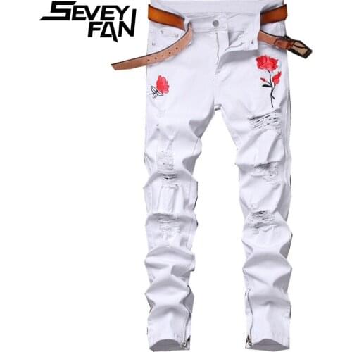 SEVEYFAN 2021 Rose Embroidery Broken Hole Jeans Mens White Skinny Ankle Zippers Denim Pants