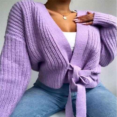 FUFUCAILLM New Womens Sweater Solid Color V-Neck Lace Up Bow Jumpers Lattern Sleeve Loose Cardigan Female Autumn Knitted Coat