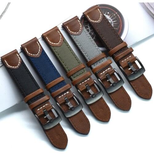 Vintage Nylon Leather Strap 20mm 22mm With Quick Release Spring Bars Watch Band With Black Buckle For Seiko/Omega/Samsung/Huawei