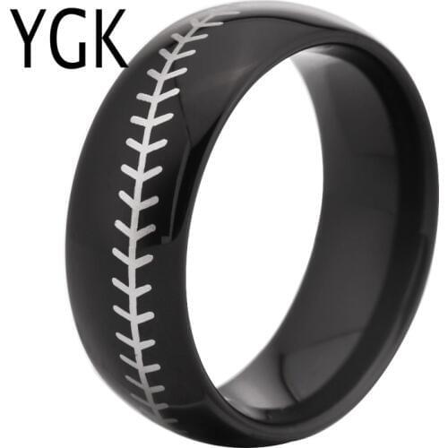 YGK Brand 8MM Black Dome with White Baseball Stitch Comfort Mens Fashion Tungsten Wedding Ring