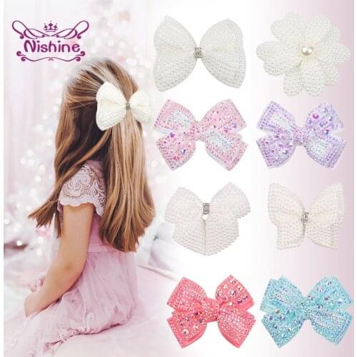 Nishine Boutique Pearls Flowers Infant Hair Clip Double Layer Handmade Bowknot Toddler Hairpin Fashion Baby Ponytail Accessories