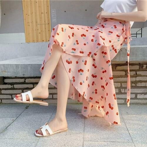 2021 Summer New Style Printed One-piece Chiffon Skirt Ruffled Mid-length Strappy Half-length Skirt Women