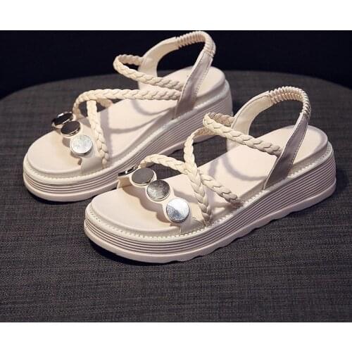 6cm Leather Wedge Heel 2021 Womens Platform Sandals Summer Bling Braided Rope Cross-tied Beach Sandal Chunky Sole Woman Shoes