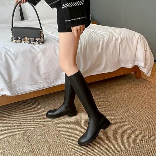 Women Fashion Solid Genuine Leather Knee High Boots Night Club Shoes Woman Square Heels Female Silm Long Riding Boots