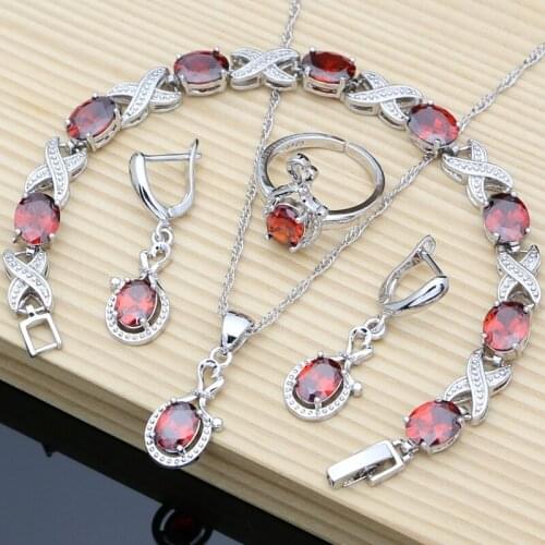 Fashion Party Silver 925 Jewelry Sets for Women Red Garnet Brithstone Earrings Bracelet Open Ring Necklace Sets Gift for Her