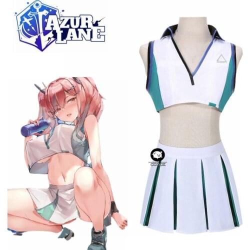 Azur Lane USS Bremerton Cosplay Costume Sexy Womens 2 Piece Summer V Neck Top Sleeveless Pleated Skirt Halloween For Women