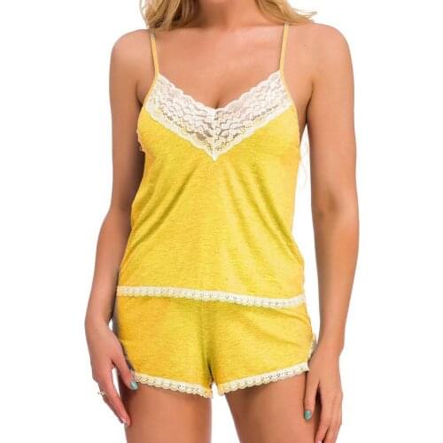 Women Sleepwear Set Sexy V Neck Solid Color Sleeveless Pajamas Lace Hem Shorts Camisole Sleepwear Set Summer 2021
