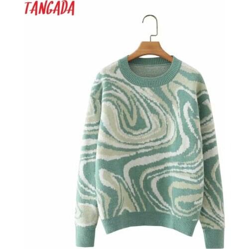 Tangada Women Green Knitted Sweater Jumper O Neck Female High Street Oversize Pullovers Chic Tops 2X27