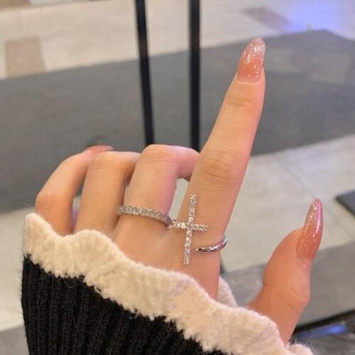 2021 Korean Delicate Zircon Cross Adjustable Rings For Women Ladies Fashion Silver Color Finger Knuckle Rings Jewelry