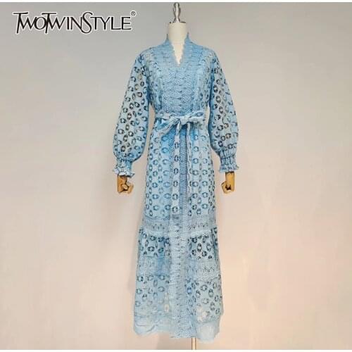 TWOTWINSTYLE Casual Hollow Out Solid Dress For Women V Neck Lantern Long Sleeve High Waist Lace Up Bowknot Midi Dresses Females